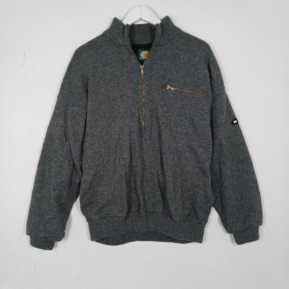 Cabelas Mens Wool Blend WindStopper Quarter Zip Sweater Gray L Elbow Patches